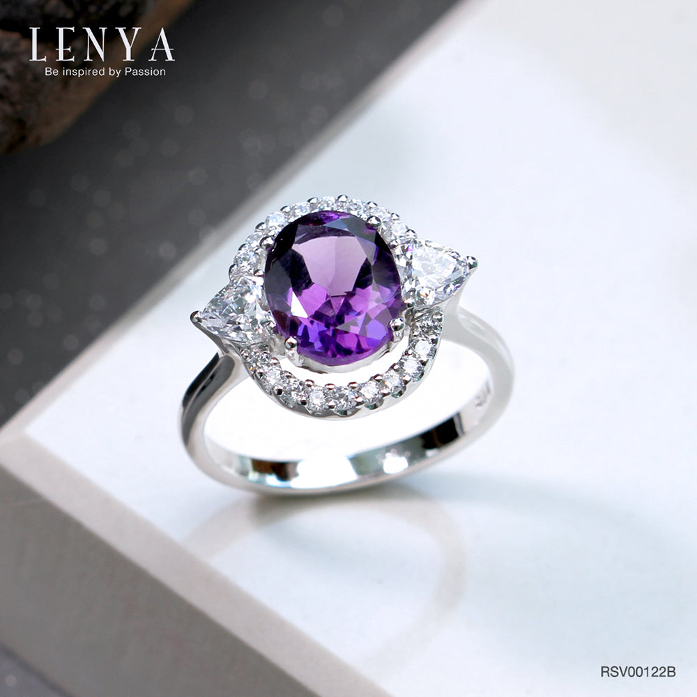 LENYA แหวนอเมทิสต์(Amethyst) อมตะด้วยเพชรDiamondLikeล้อมที่สวยทุกกาลสมัย ตัวเรือนเงินแท้ชุบทองคำขาว