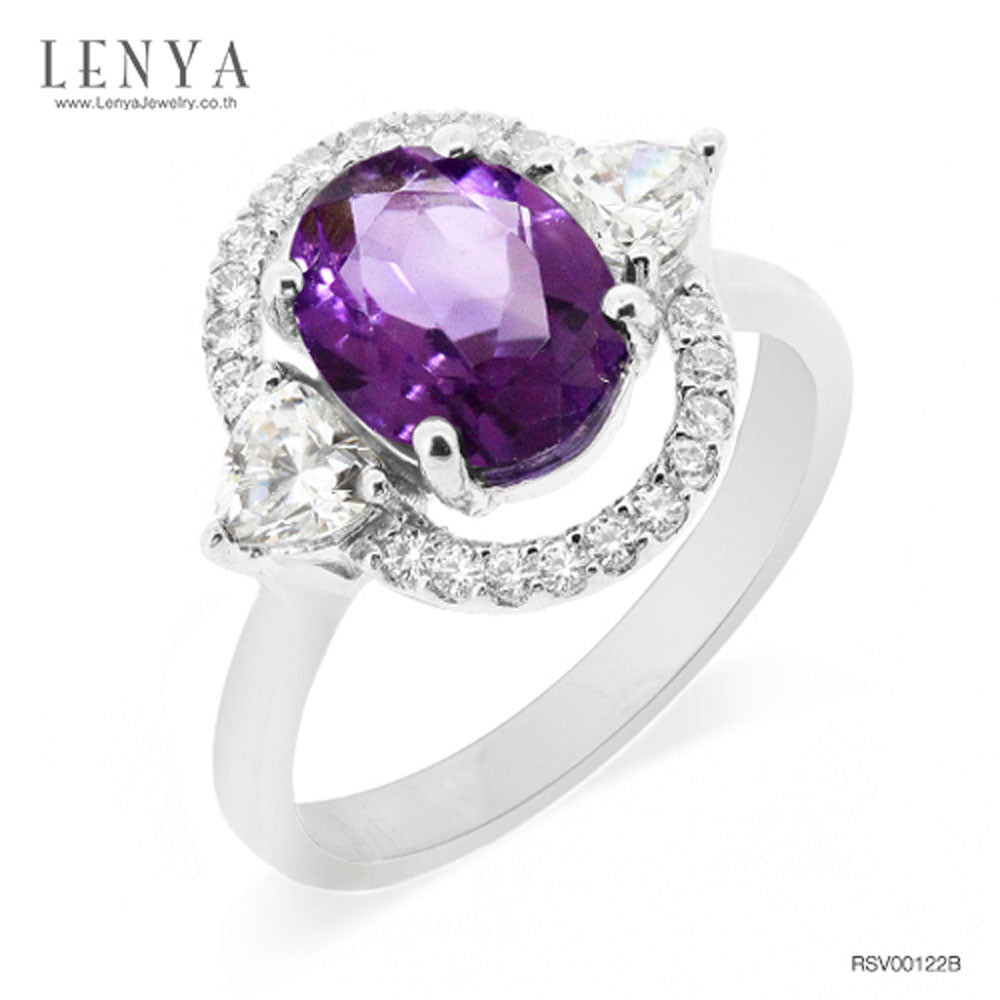LENYA แหวนอเมทิสต์(Amethyst) อมตะด้วยเพชรDiamondLikeล้อมที่สวยทุกกาลสมัย ตัวเรือนเงินแท้ชุบทองคำขาว