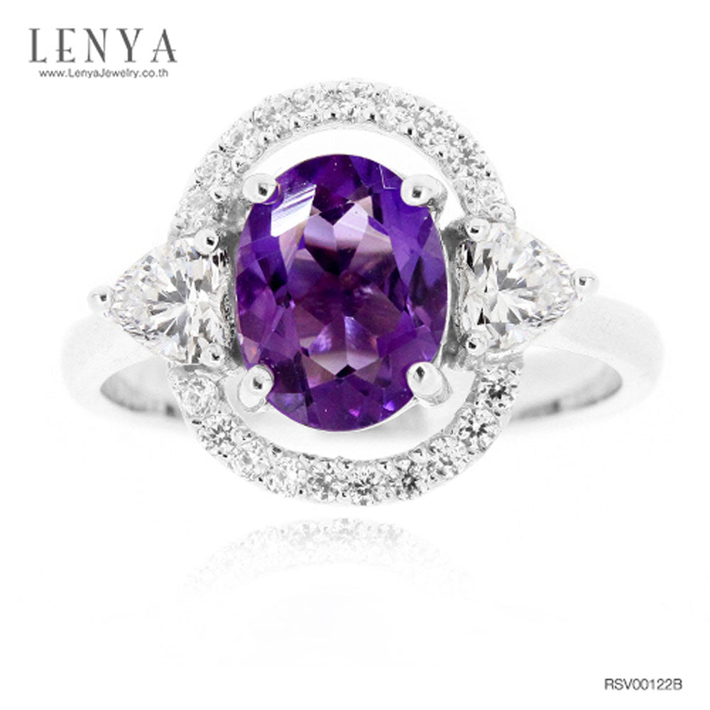 LENYA แหวนอเมทิสต์(Amethyst) อมตะด้วยเพชรDiamondLikeล้อมที่สวยทุกกาลสมัย ตัวเรือนเงินแท้ชุบทองคำขาว