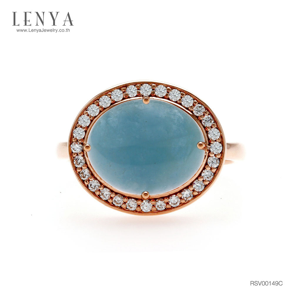 LENYA แหวนอะความารีน(Aquamarine)ช่วยปกป้องคุ้มครองในเรื่องการเดินทาง เพิ่มเสน่ห์เรื่องการพูดคุยเจรจาต่อรอง ให้บรรลุเป้าหมายและประสบผลสำเร็จ ล้อมด้วยเพชร DiamondLike ตัวเรือนเงินแท้ชุบสีพิงค์โกลด์(Pink Gold)