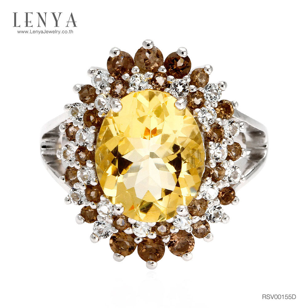 LENYA แหวนพลอยซิทริน ช่วยเรียกทรัพย์ สดใส พลังบวก ขนาด 12x10 มิล ตัวเรือนเงินแท้925 ชุบทองคำขาว