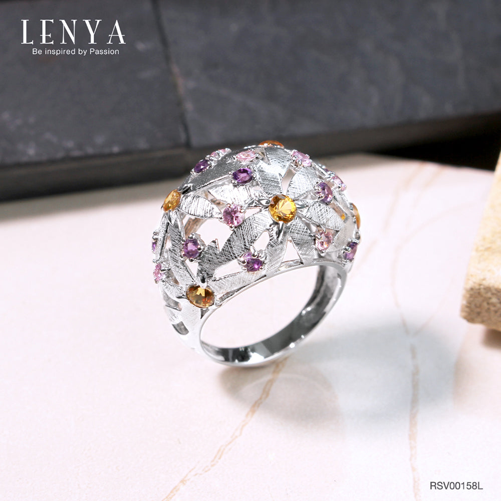 LENYA แหวนดีไซน์โดดเด่นลายดอกไม้ซ้อนกันประดับ แซฟไฟร์สีส้ม (Orange Sapphire) แซฟไฟร์สีชมพู (Pink Sapphire) อะเมทิสต์ (Amethyst) ตัวเรือนเงินแท้ชุบทองคำขาว