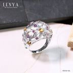 LENYA แหวนดีไซน์โดดเด่นลายดอกไม้ซ้อนกันประดับ แซฟไฟร์สีส้ม (Orange Sapphire) แซฟไฟร์สีชมพู (Pink Sapphire) อะเมทิสต์ (Amethyst) ตัวเรือนเงินแท้ชุบทองคำขาว