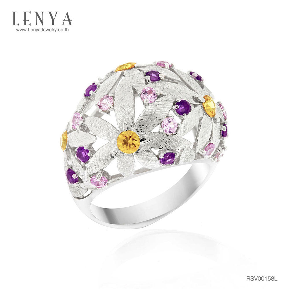LENYA แหวนดีไซน์โดดเด่นลายดอกไม้ซ้อนกันประดับ แซฟไฟร์สีส้ม (Orange Sapphire) แซฟไฟร์สีชมพู (Pink Sapphire) อะเมทิสต์ (Amethyst) ตัวเรือนเงินแท้ชุบทองคำขาว