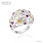 LENYA แหวนดีไซน์โดดเด่นลายดอกไม้ซ้อนกันประดับ แซฟไฟร์สีส้ม (Orange Sapphire) แซฟไฟร์สีชมพู (Pink Sapphire) อะเมทิสต์ (Amethyst) ตัวเรือนเงินแท้ชุบทองคำขาว