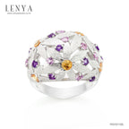 LENYA แหวนดีไซน์โดดเด่นลายดอกไม้ซ้อนกันประดับ แซฟไฟร์สีส้ม (Orange Sapphire) แซฟไฟร์สีชมพู (Pink Sapphire) อะเมทิสต์ (Amethyst) ตัวเรือนเงินแท้ชุบทองคำขาว