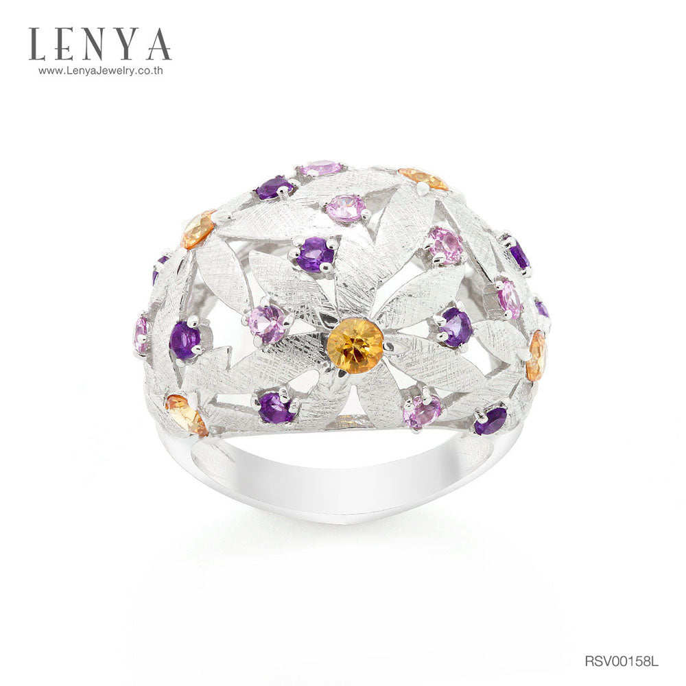 LENYA แหวนดีไซน์โดดเด่นลายดอกไม้ซ้อนกันประดับ แซฟไฟร์สีส้ม (Orange Sapphire) แซฟไฟร์สีชมพู (Pink Sapphire) อะเมทิสต์ (Amethyst) ตัวเรือนเงินแท้ชุบทองคำขาว