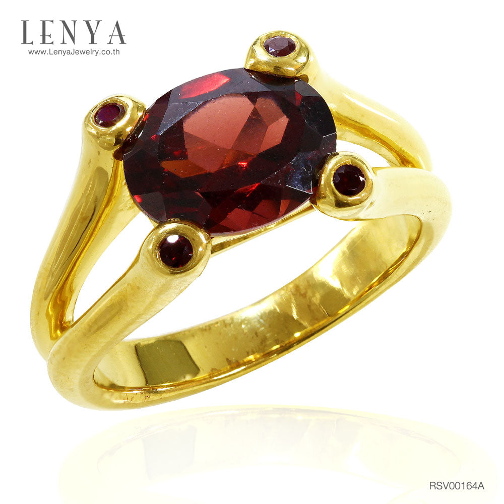 LENYA แหวนเงินแท้ชุบทอง 14K ประดับพลอยโกเมน