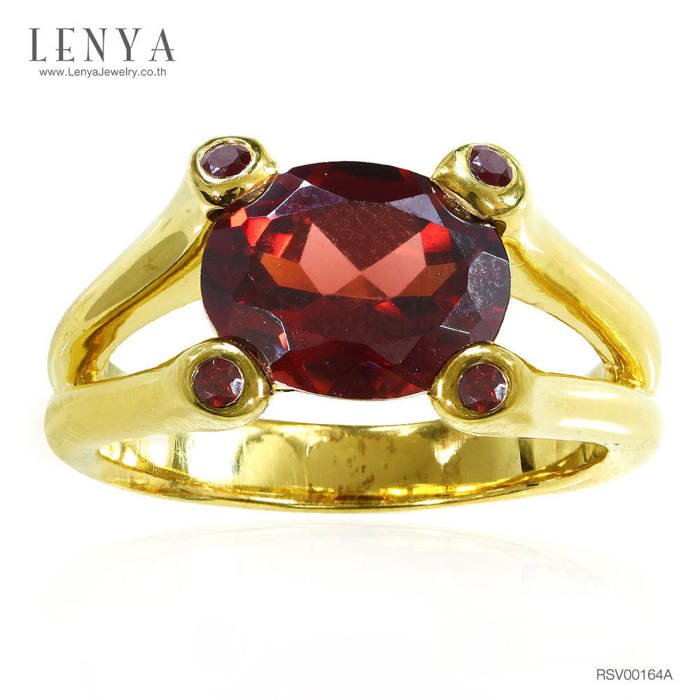 LENYA แหวนเงินแท้ชุบทอง 14K ประดับพลอยโกเมน