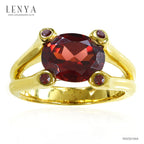 LENYA แหวนเงินแท้ชุบทอง 14K ประดับพลอยโกเมน