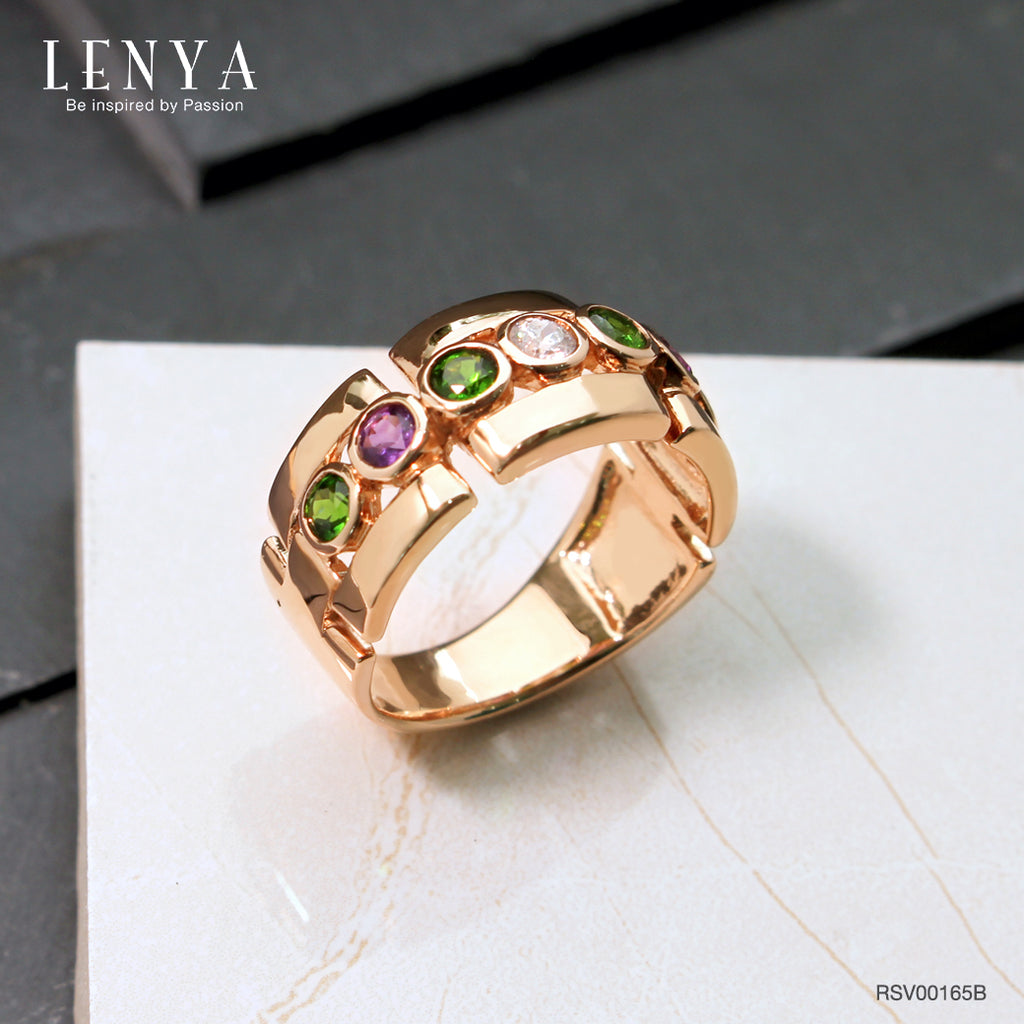 LENYA แหวนพลอย 3สี ประดับด้วยอเมทีสต์ (Amethyst) โครมไดออพไซด์(Chrome Diopside) และ คิวบิกเซอร์โคเนีย (Cubic Zirconia)ตัวเรือนเงินแท้ 925 ชุบทองพิ้งค์โกลด์
