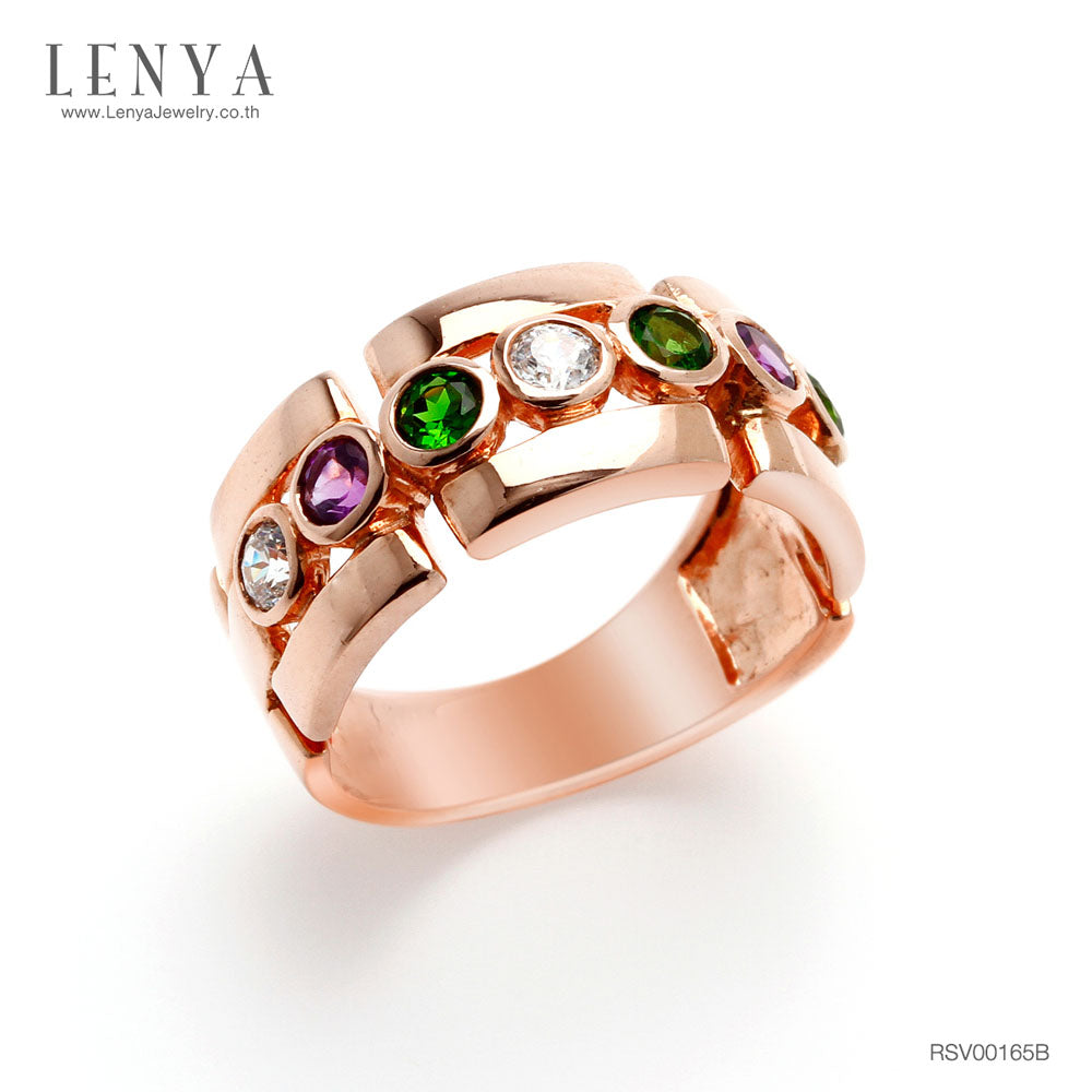 LENYA แหวนพลอย 3สี ประดับด้วยอเมทีสต์ (Amethyst) โครมไดออพไซด์(Chrome Diopside) และ คิวบิกเซอร์โคเนีย (Cubic Zirconia)ตัวเรือนเงินแท้ 925 ชุบทองพิ้งค์โกลด์