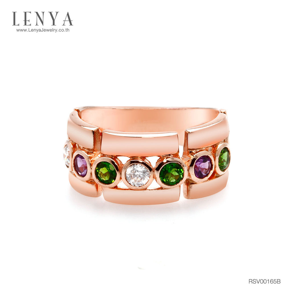 LENYA แหวนพลอย 3สี ประดับด้วยอเมทีสต์ (Amethyst) โครมไดออพไซด์(Chrome Diopside) และ คิวบิกเซอร์โคเนีย (Cubic Zirconia)ตัวเรือนเงินแท้ 925 ชุบทองพิ้งค์โกลด์