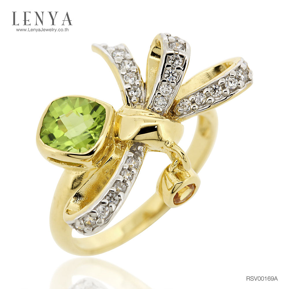 LENYA แหวนประดับพลอยเพอริดอท(Peridot) สีเขียว แซฟไฟซ์สีส้ม(Orange Sapphire) สีส้ม และเพชร DiamondLike ตัวเรือนเงินแท้ชุบทองคำ