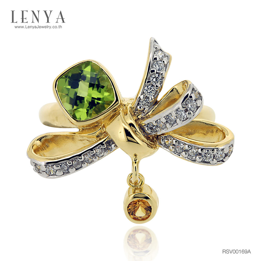LENYA แหวนประดับพลอยเพอริดอท(Peridot) สีเขียว แซฟไฟซ์สีส้ม(Orange Sapphire) สีส้ม และเพชร DiamondLike ตัวเรือนเงินแท้ชุบทองคำ