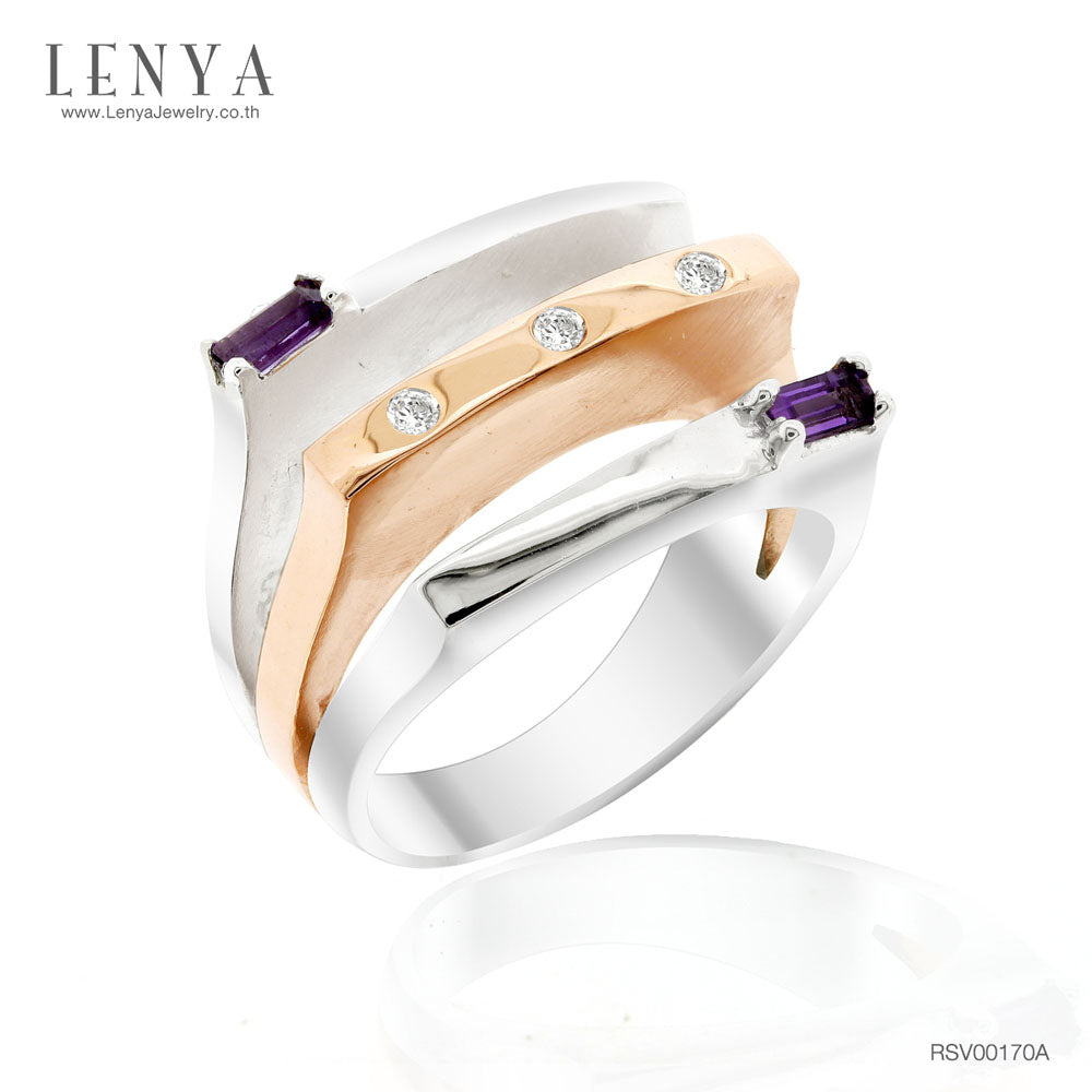 LENYA แหวนเงินแท้ ประดับพลอยอเมทิสต์ และ CZ (Cubic Zirconia)