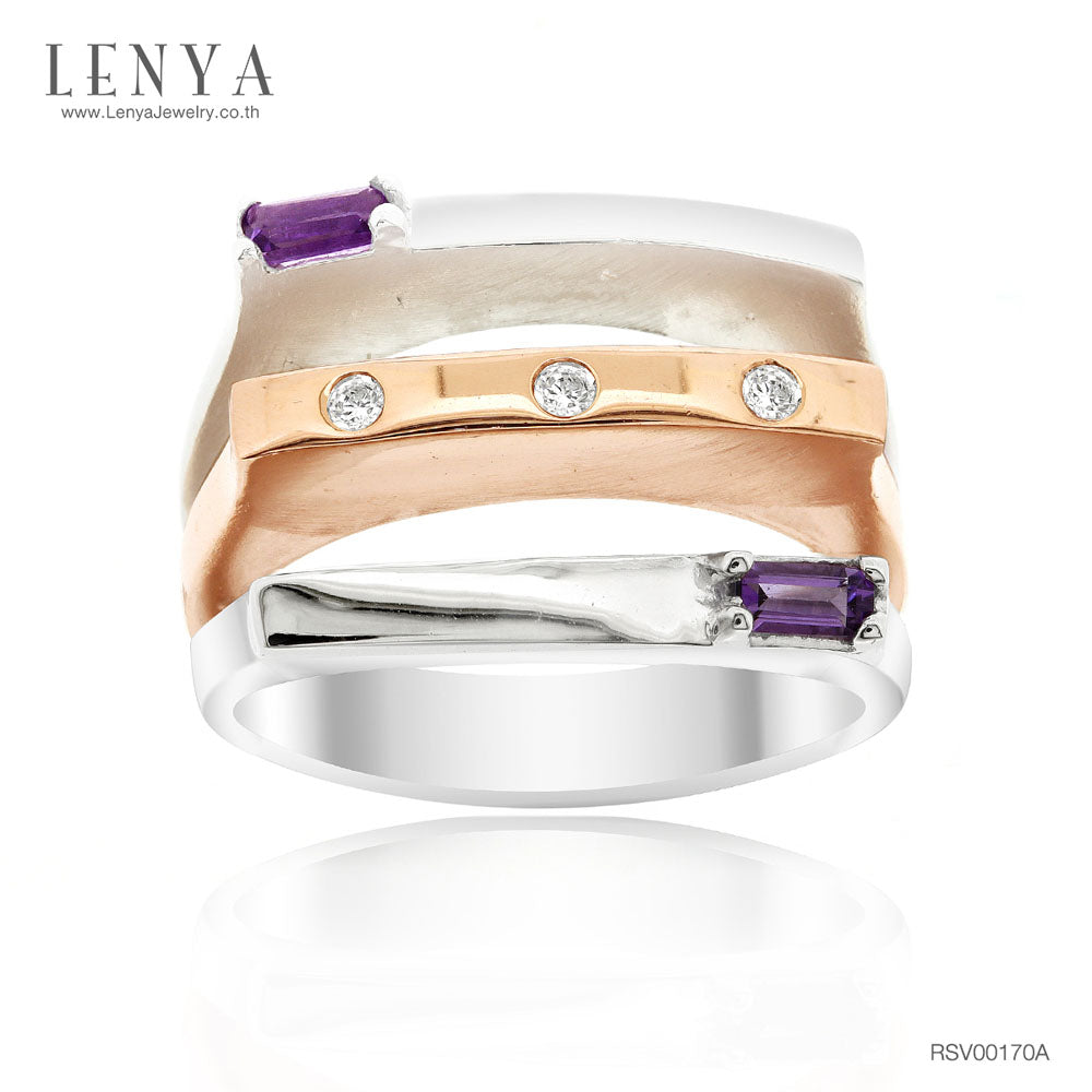 LENYA แหวนเงินแท้ ประดับพลอยอเมทิสต์ และ CZ (Cubic Zirconia)