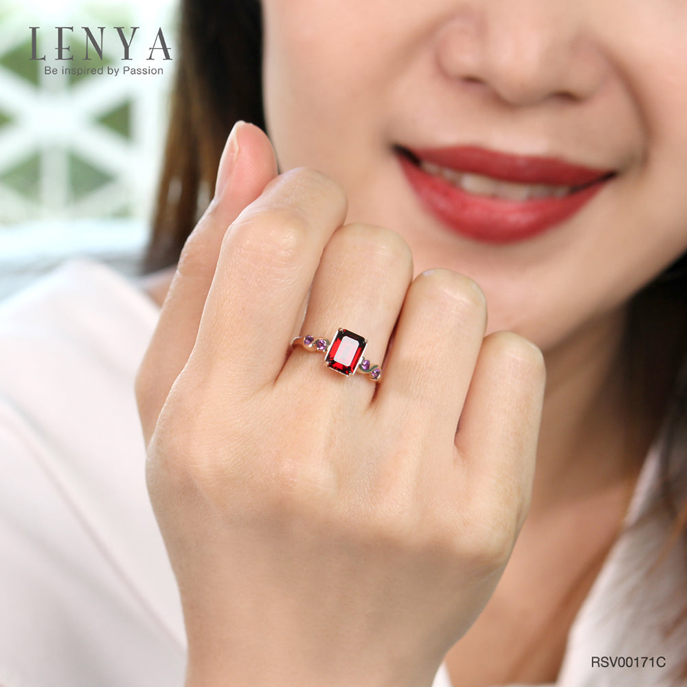 LENYA แหวนพลอย โกเมน(Garnet)  และ อเมทีสต์ (Amethyst)  ตัวเรือนเงินแท้ 925 ชุบทองพิ้งค์โกลด์