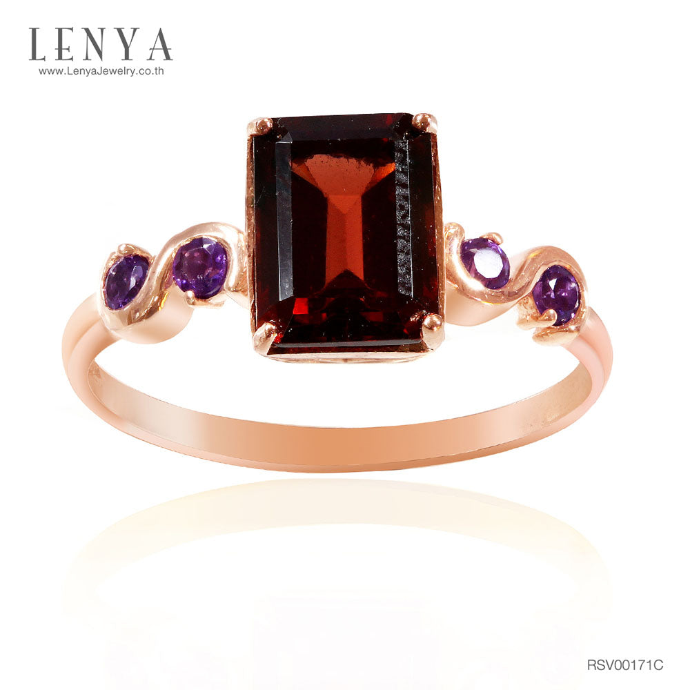 LENYA แหวนพลอย โกเมน(Garnet)  และ อเมทีสต์ (Amethyst)  ตัวเรือนเงินแท้ 925 ชุบทองพิ้งค์โกลด์
