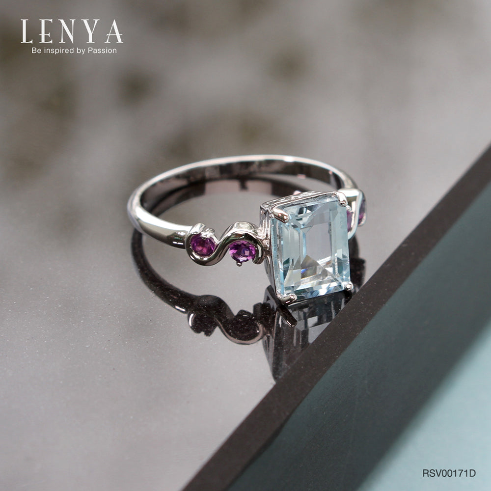 LENYA แหวนพลอยบลูโทแพซ เสริมความมั่นใจ ชัดเจน ปัญญา ขนาด 8x6 มิล ตัวเรือนเงินแท้925 ชุบทองคำขาว