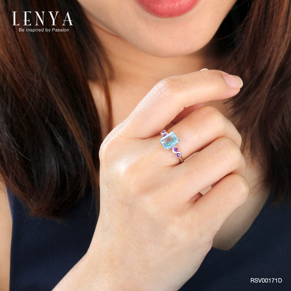 LENYA แหวนพลอยบลูโทแพซ เสริมความมั่นใจ ชัดเจน ปัญญา ขนาด 8x6 มิล ตัวเรือนเงินแท้925 ชุบทองคำขาว