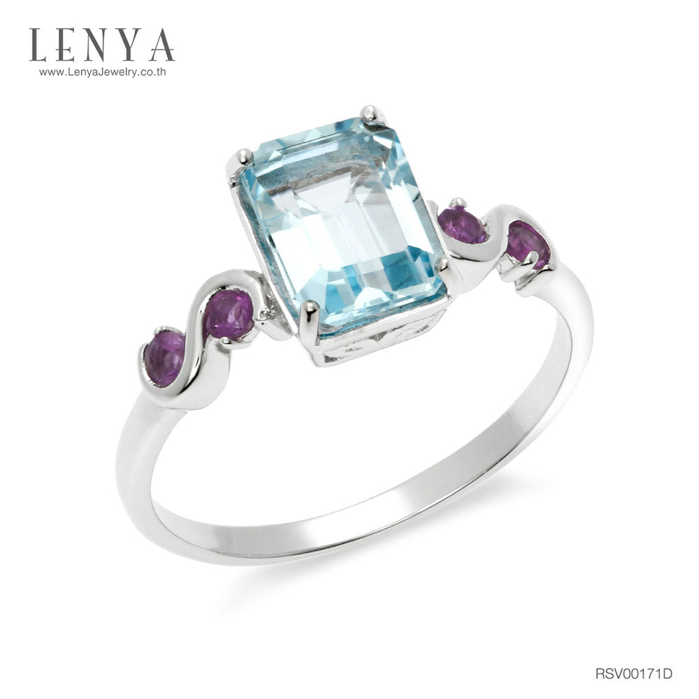 LENYA แหวนพลอยบลูโทแพซ เสริมความมั่นใจ ชัดเจน ปัญญา ขนาด 8x6 มิล ตัวเรือนเงินแท้925 ชุบทองคำขาว