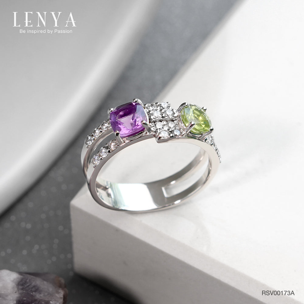 LENYA แหวนพลอยอเมทิสต์ เสริมความสงบใจ มีสติ มั่งคั่ง ขนาด 5 มิล ตัวเรือนเงินแท้925 ชุบทองคำขาว
