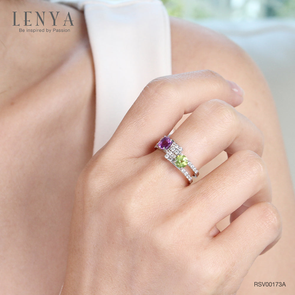 LENYA แหวนพลอยอเมทิสต์ เสริมความสงบใจ มีสติ มั่งคั่ง ขนาด 5 มิล ตัวเรือนเงินแท้925 ชุบทองคำขาว