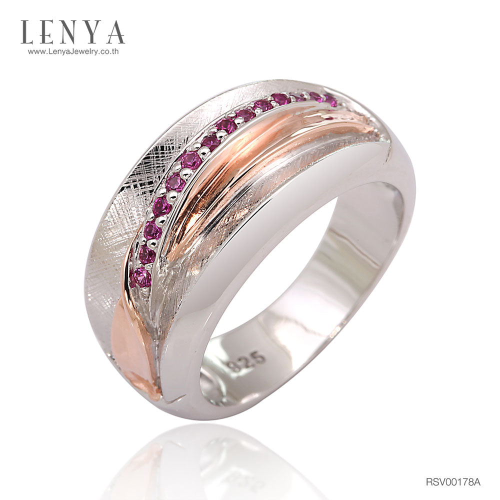 LENYA แหวนประดับ SWAROVSKI ZIRCONIA สีชมพู ตัวเรือนเงินแท้925 มี Texture ชุบทอง 2 สี พิ้งค์โกลด์ และทองคำขาว