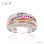 LENYA แหวนประดับ SWAROVSKI ZIRCONIA สีชมพู ตัวเรือนเงินแท้925 มี Texture ชุบทอง 2 สี พิ้งค์โกลด์ และทองคำขาว