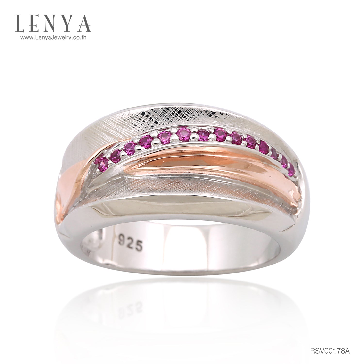 LENYA แหวนประดับ SWAROVSKI ZIRCONIA สีชมพู ตัวเรือนเงินแท้925 มี Texture ชุบทอง 2 สี พิ้งค์โกลด์ และทองคำขาว