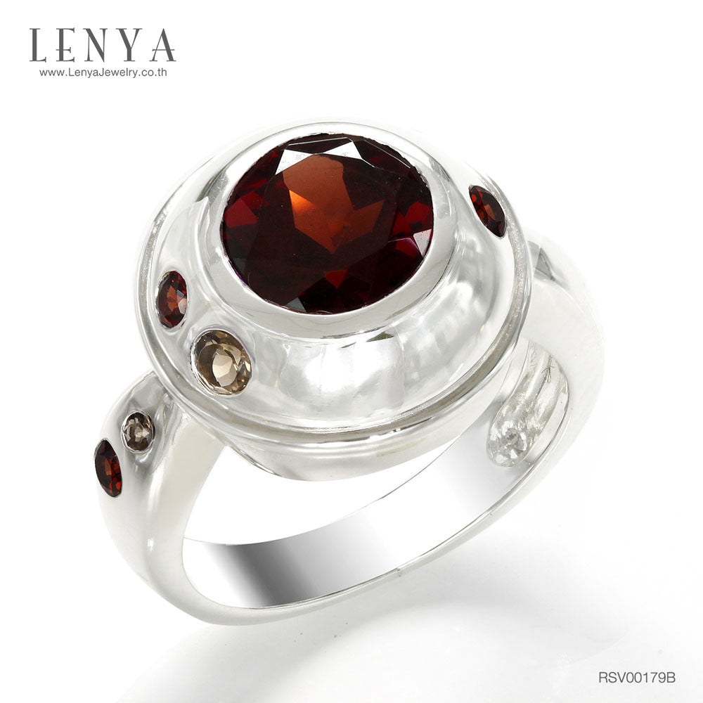 LENYA แหวนประดับโกเมน(Garnet) เม็ดใหญ่ บนตัวเรือนเงินแท้ชุบทองคำขาวแท้