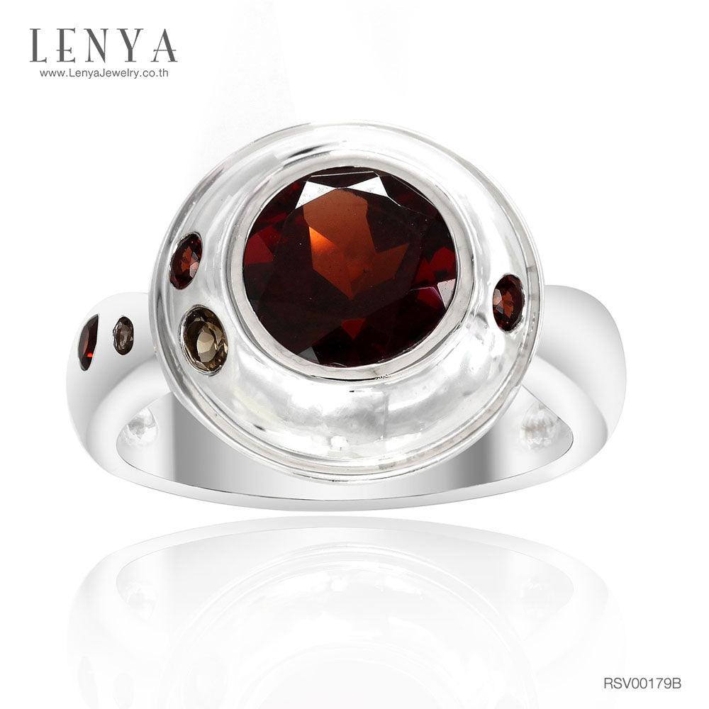 LENYA แหวนประดับโกเมน(Garnet) เม็ดใหญ่ บนตัวเรือนเงินแท้ชุบทองคำขาวแท้