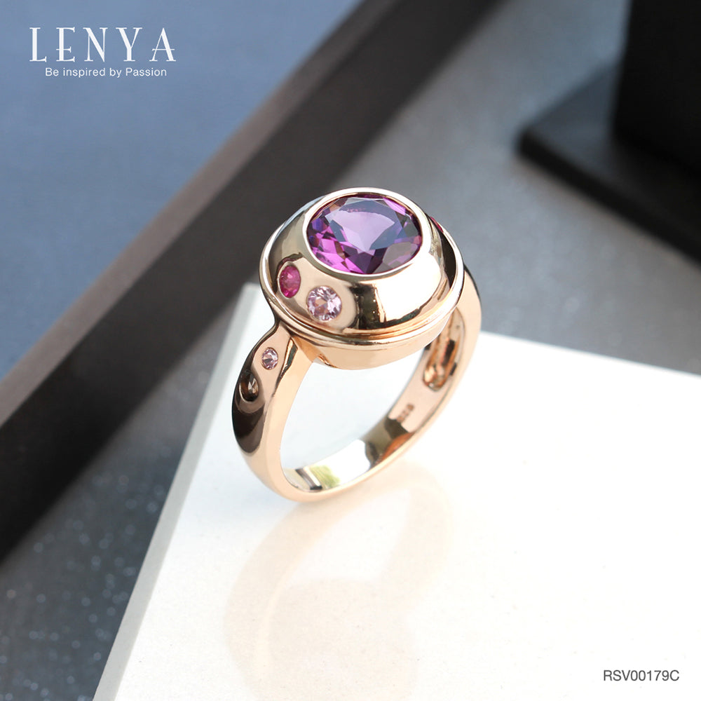 LENYA แหวนพลอยอเมทิสต์ เสริมความสงบใจ มีสติ มั่งคั่ง ขนาด 8 มิล ตัวเรือนเงินแท้925 ชุบพิงค์โกลด์