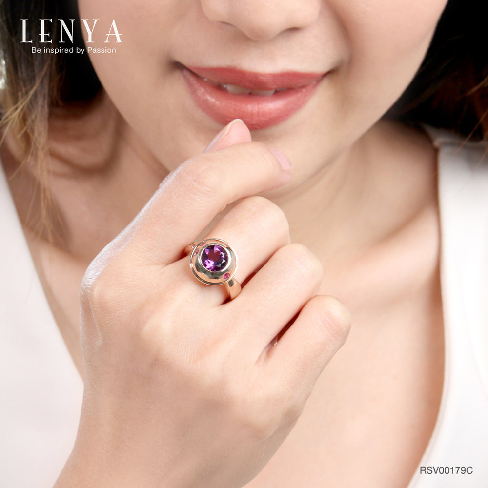LENYA แหวนพลอยอเมทิสต์ เสริมความสงบใจ มีสติ มั่งคั่ง ขนาด 8 มิล ตัวเรือนเงินแท้925 ชุบพิงค์โกลด์