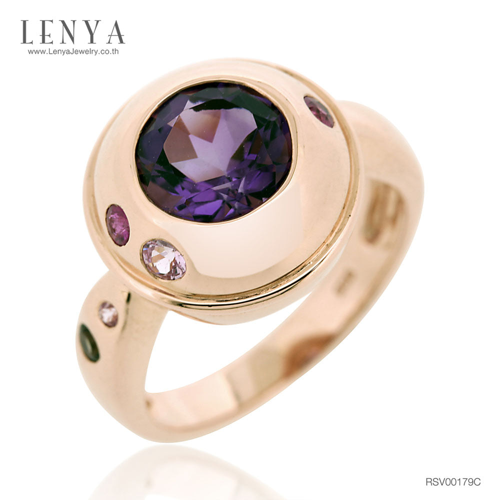 LENYA แหวนพลอยอเมทิสต์ เสริมความสงบใจ มีสติ มั่งคั่ง ขนาด 8 มิล ตัวเรือนเงินแท้925 ชุบพิงค์โกลด์