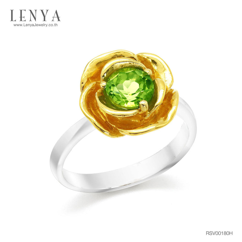 LENYA แหวนดอกกุหลาบ ประดับเพอริดอท ตัวเรือนเงินแท้ชุบทองคำขาวและทอง 18K ที่กลีบกุหลาบ เพิ่มความโดดเด่นไม่ซ้ำใคร
