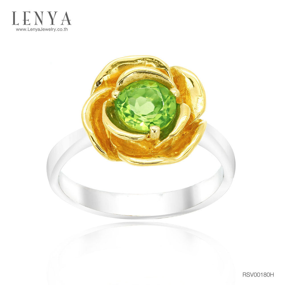 LENYA แหวนดอกกุหลาบ ประดับเพอริดอท ตัวเรือนเงินแท้ชุบทองคำขาวและทอง 18K ที่กลีบกุหลาบ เพิ่มความโดดเด่นไม่ซ้ำใคร