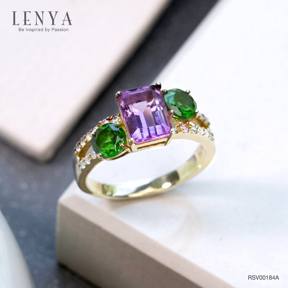 LENYA แหวนอะเมทิสต์(Amethyst) พลอยโครมไดออฟไซด์(Chrome Diopside) พิ้งค์ แซฟไฟส์(Pink Sapphire) ตัวเรือนเงินแท้ชุบทองคำ