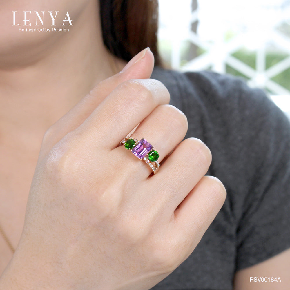 LENYA แหวนอะเมทิสต์(Amethyst) พลอยโครมไดออฟไซด์(Chrome Diopside) พิ้งค์ แซฟไฟส์(Pink Sapphire) ตัวเรือนเงินแท้ชุบทองคำ