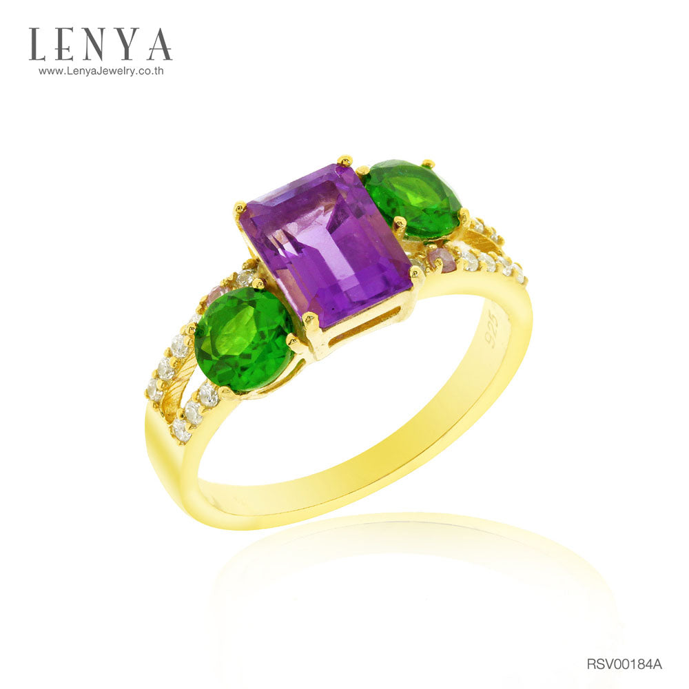 LENYA แหวนอะเมทิสต์(Amethyst) พลอยโครมไดออฟไซด์(Chrome Diopside) พิ้งค์ แซฟไฟส์(Pink Sapphire) ตัวเรือนเงินแท้ชุบทองคำ