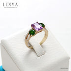 LENYA แหวนอะเมทิสต์(Amethyst) พลอยโครมไดออฟไซด์(Chrome Diopside) พิ้งค์ แซฟไฟส์(Pink Sapphire) ตัวเรือนเงินแท้ชุบทองคำ