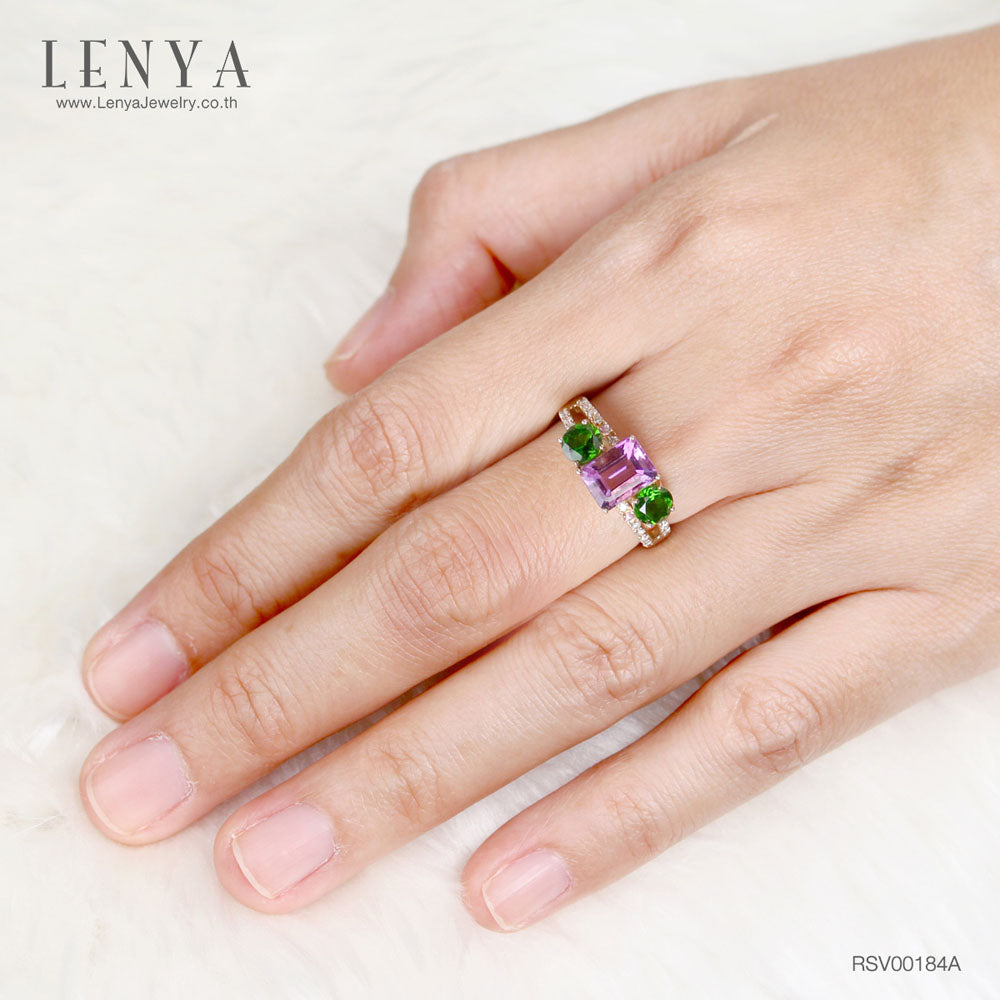 LENYA แหวนอะเมทิสต์(Amethyst) พลอยโครมไดออฟไซด์(Chrome Diopside) พิ้งค์ แซฟไฟส์(Pink Sapphire) ตัวเรือนเงินแท้ชุบทองคำ