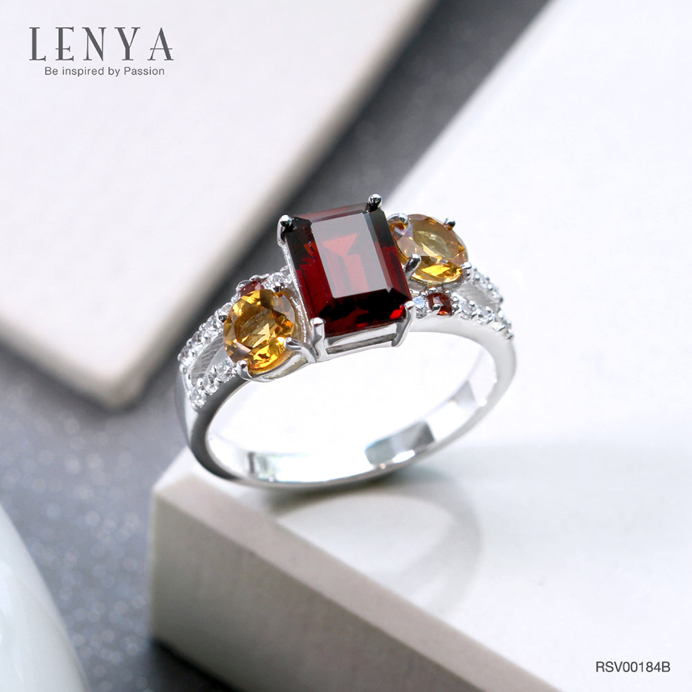 LENYA แหวนพลอยโกเมน เสริมด้านใจแกร่ง สำเร็จ มั่นคง ขนาด 8x6มิล ตัวเรือนเงินแท้925 ชุบทองคำ