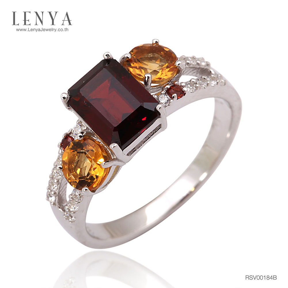 LENYA แหวนพลอยโกเมน เสริมด้านใจแกร่ง สำเร็จ มั่นคง ขนาด 8x6มิล ตัวเรือนเงินแท้925 ชุบทองคำ