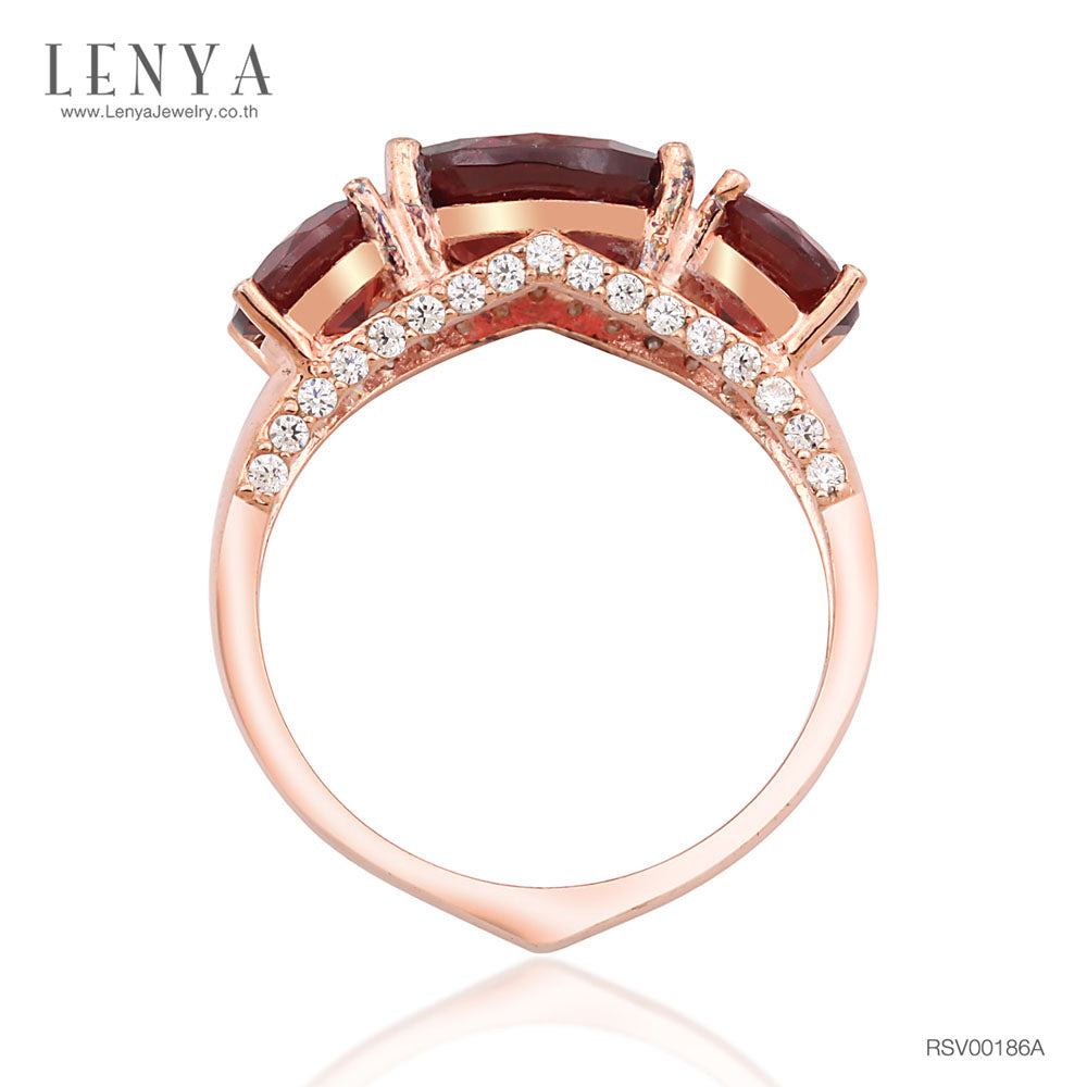 LENYA แหวนโกเมน(Garnet)  ประดับด้วยคิวบิกเซอร์โคเนีย (Cubic Zirconia) ตัวเรือนเงินแท้ 925 ชุบทองพิ้งโกลด์