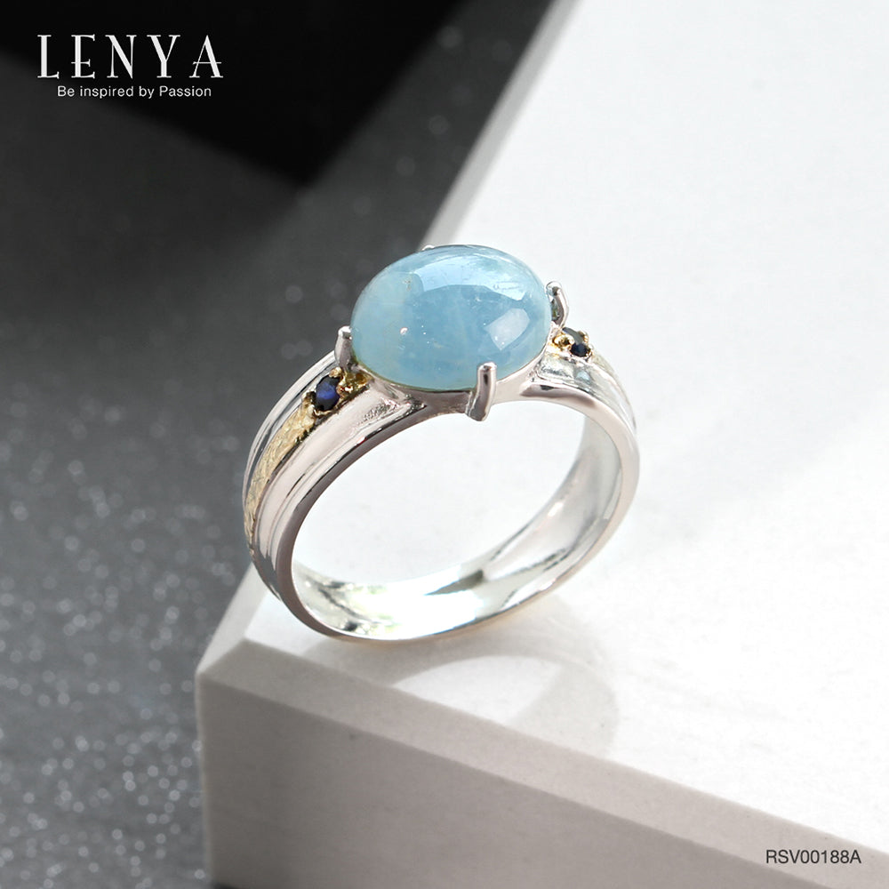 LENYA แหวนหินอะความารีน เสริมความสงบ ความกล้าหาญ ขนาด 10x8 มิล ตัวเรือนเงินแท้925 ชุบทองคำขาว