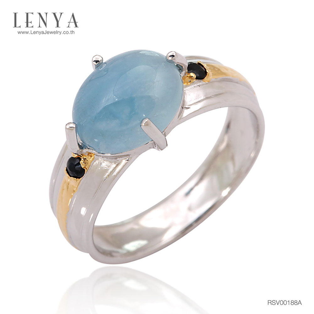 LENYA แหวนหินอะความารีน เสริมความสงบ ความกล้าหาญ ขนาด 10x8 มิล ตัวเรือนเงินแท้925 ชุบทองคำขาว