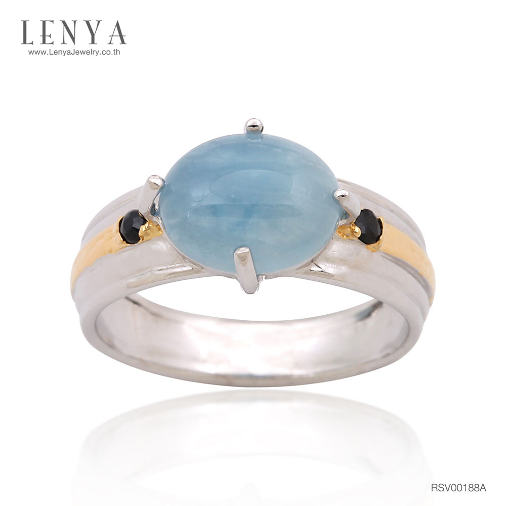 LENYA แหวนหินอะความารีน เสริมความสงบ ความกล้าหาญ ขนาด 10x8 มิล ตัวเรือนเงินแท้925 ชุบทองคำขาว