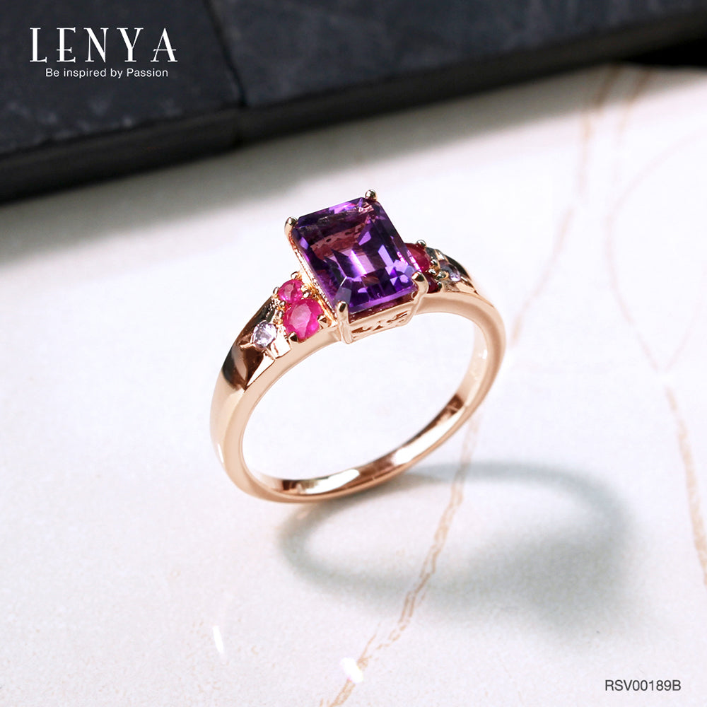 LENYA แหวนเงินแท้ ประดับพลอยอะเมทิสต์(Amathyst) พิงค์แซปไฟร์ (Pink Sapphire) และ ทับทิม (Ruby) ชุบพิงค์โกลด์